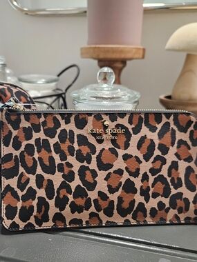 kate spade leopard print zip wallet in brown, black & cream